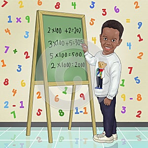 Litlle boy learn Math at board illustrations