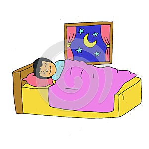 A litlle girl  sleep in the bedroom cartoon illustration