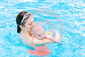 Litlte baby boy in swimming pool with his mother