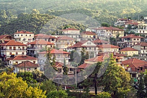 Litochoro view from castle to the city with buildings and road, Greece