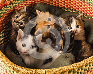 Litter of cute five kittens laying on a blanket in colorful wicker basket