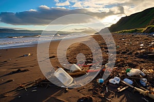 litter left on a beautiful beach marring the landscape photo