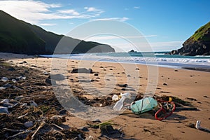 litter left on a beautiful beach marring the landscape photo