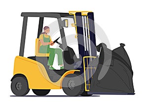 Litter Manufacturing Concept. Female Worker Character Driving Forklift Truck with Garbage Sacks for Waste Processing