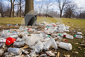 a littered park with empty soda cans, wrappers