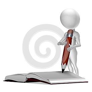 Little 3d guy writing in a notebook