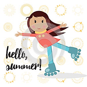 Little active cute girl on roller skates doing activity and saying 'Hello Summer'