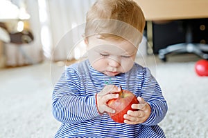 Little adorable baby girl eating big red apple. Vitamin and healthy food for small children. Portrait of beautiful child