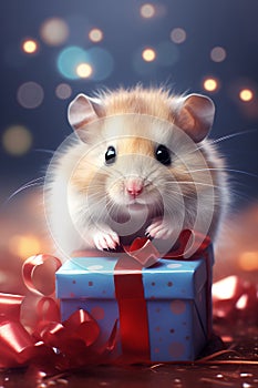 A little adorable hamster unwrapping a birthday gift.