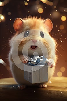 A little adorable hamster unwrapping a birthday gift.
