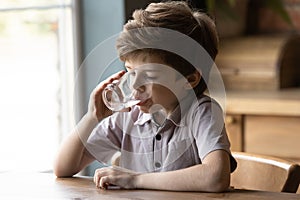 Little adorable kid boy drinking glass of fresh pure water.