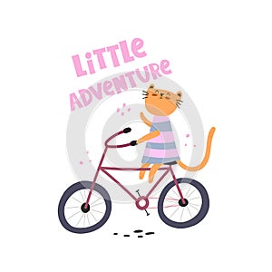 Little adventure. cartoon cat on bicycle, hand drawing lettering, decor elements. colorful vector illustration for kids, flat styl