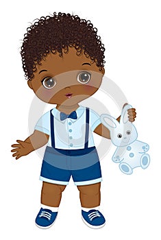 Little African American Baby Boy Holding Bunny Toy. Vector Cute Baby Boy
