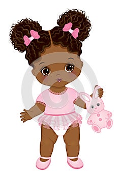 Little African American Baby Girl Holding Bunny Toy. Vector Cute Baby Girl