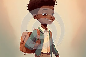 Little african american boy cartoon smiling illustration with backpack going to school. AI generated