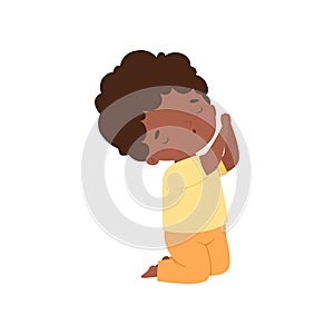 Little African American Boy Character Kneeling in Prayer Cartoon Vector Illustration