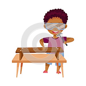 Little African American Boy in Protective Goggles at Table Woodworking Hammering Nail in Bench Vector Illustration