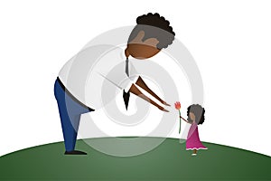 Little african american daughter giving flower to dad, celebrating fathers day. Modern vector in flat minimalist style. Happy