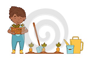 Little African American Girl in Overall Harvesting Carrot from Garden Bed Working on the Farm Vector Illustration