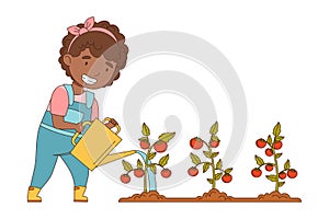 Little African American Girl in Overall Watering Plant on Garden Bed Working on the Farm Vector Illustration