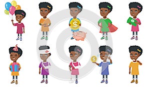 Little african girl vector illustrations set.