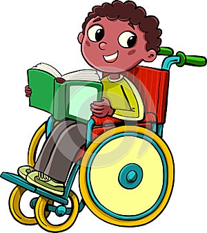 Little african boy in a wheelchair with an open book