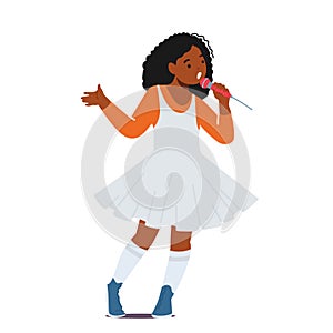 Little African Girl Holding Microphone Sing on on Stage, Baby Singing Song. Little Vocalist Female Character Singer