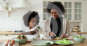 Little afro ethnicity kid girl helping biracial mommy preparing food.