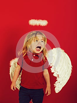 Little angel boy crying with white feather wings and halo