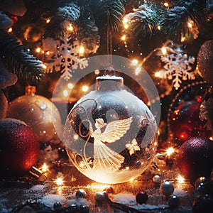 A little angel in a Christmas ball decorated with golden lights.