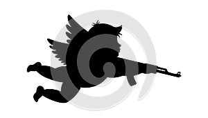 Little angel cupid with gun ak47. Cherub silhouette. Valentine's day. Love symbol. Vector illustration.