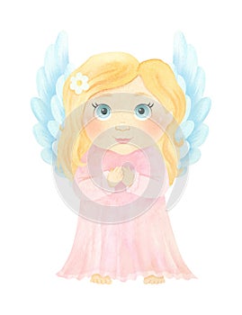 Little angel girl prays. Religious catholic clipart, Christian Watercolor illustration,