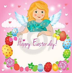 Little Angel in the sky, Easter greeting card. Fairy cartoon.