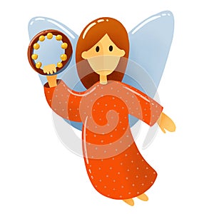 Little angel with wings holds a musical instruments drawing