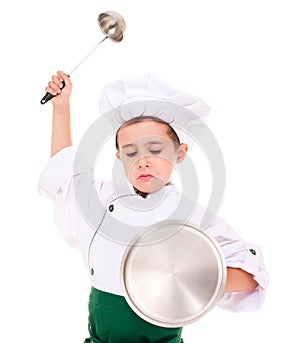 Little angry boy cook play knight