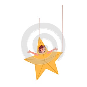 Little Artist Girl Playing Role in Performance. Child in Funny Theatrical Costume of Star Hanging on Ropes Illustration