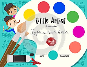 Little artist, kids diploma painting course certificate template
