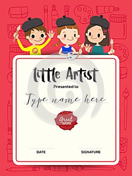 Little artist, kids diploma painting course certificate template