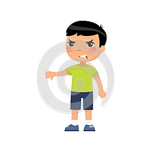 Little asain boy showing thumb down gesture flat vector illustration.
