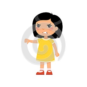 Little asain girl showing thumb down gesture flat vector illustration.