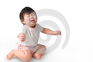 Little asian baby girl crying, Unhappy childe have sad, isolate on white background, With clipping path