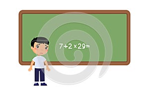 Little asian boy cannot solve the difficult example on the school board. Sad schoolboy flat vector illustration.
