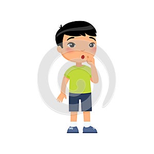 Little asian boy showing silence gesture flat vector illustration. Child  standing, cartoon character.