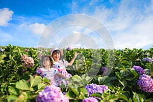 Little asian child girl have fun with a happy smiling face at the morning garden natural flower, Cute girl children kids playing