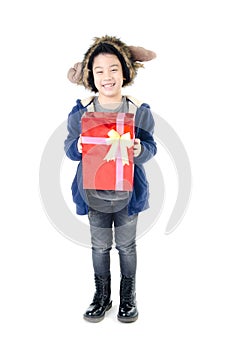 Little asian cute boy with gift box
