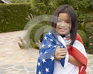 Little asian girl American flag