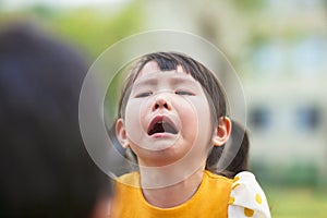 Little asian girl crying and look at her parents