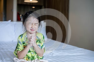 Little asian girl hand praying, Hands folded in prayer concept for faith,spirituality and religion