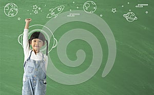 A little asian girl happy smiling  imagination with learning science technology
