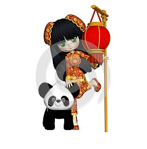 Little Asian Girl And Her Panda Posers Clipart